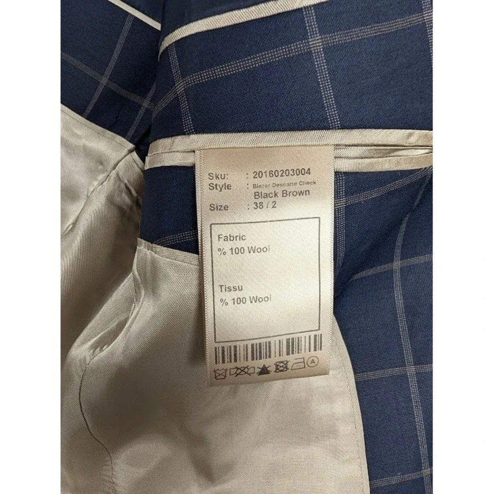 Maceoo Descarte Blazer Mens 38/2 Small Navy Blue Tan‎ Windowpane Plaid Wool